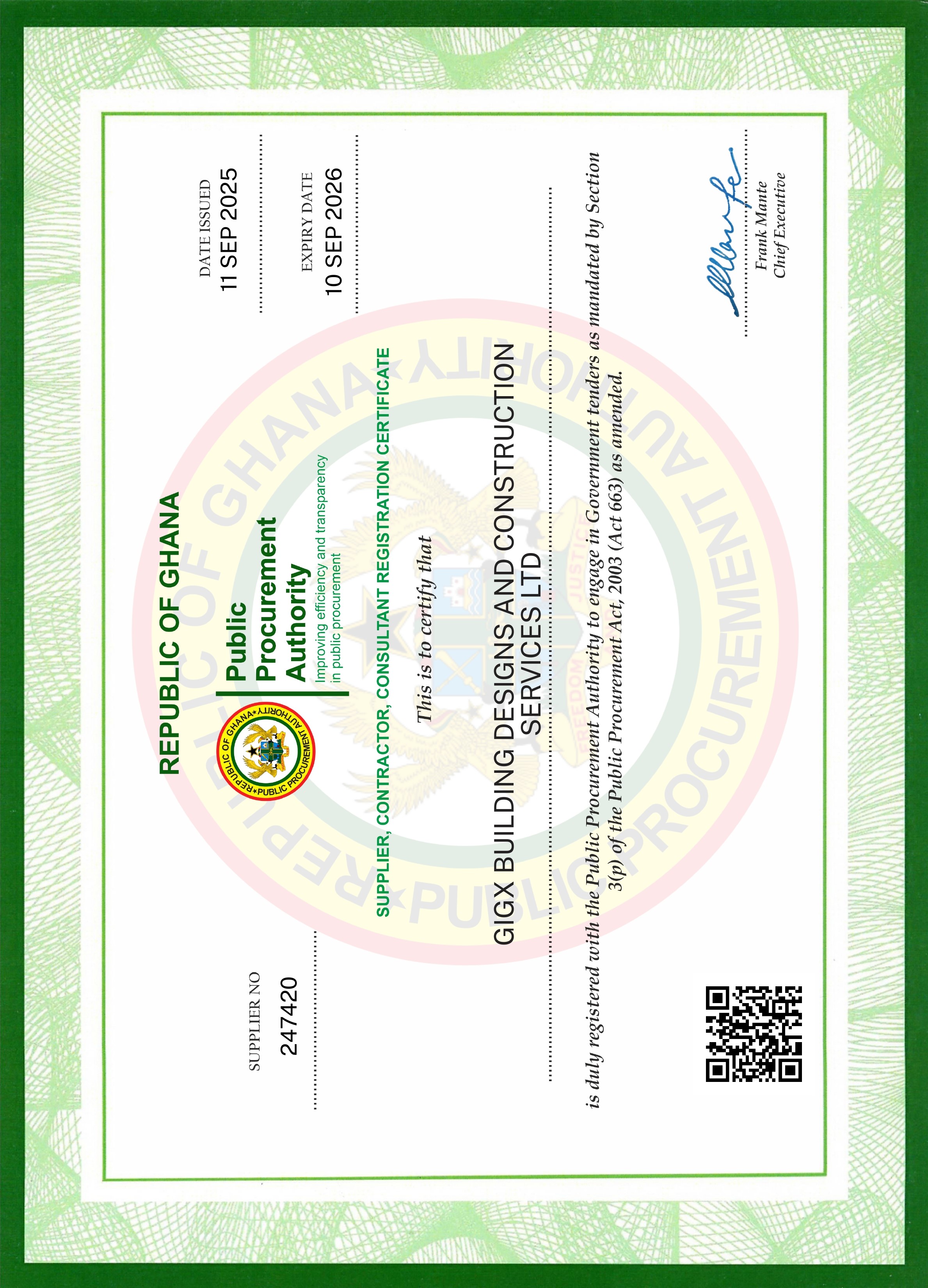 PPA Supplier Registration Certificate