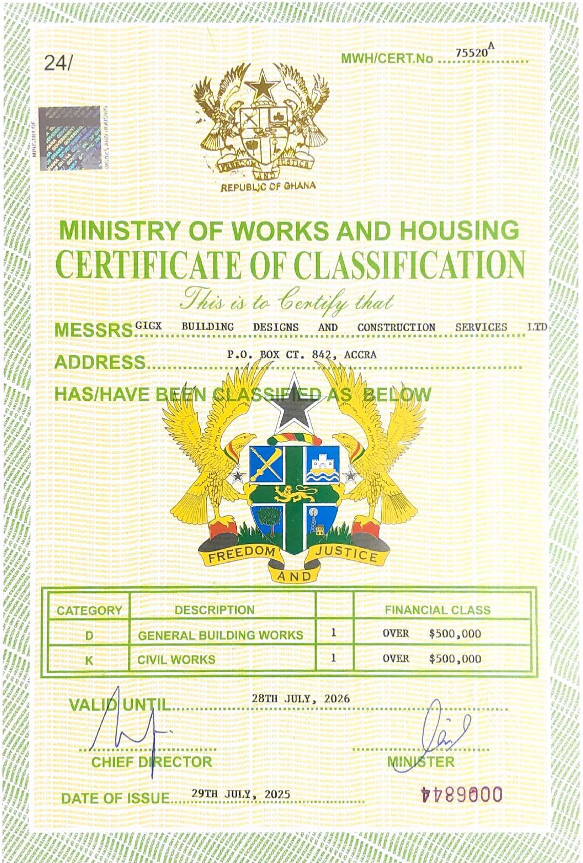 Certificate of Classification D1 and K1